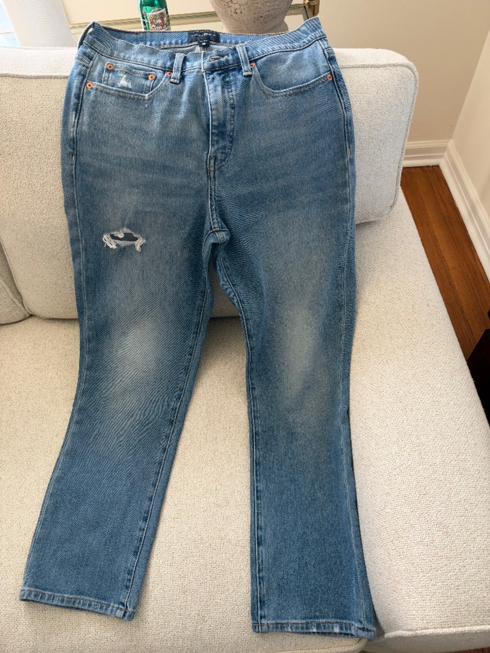 Lucky Brand size 12/31R distressed mid-light blue jeans. Zoe, High-Rise Straight